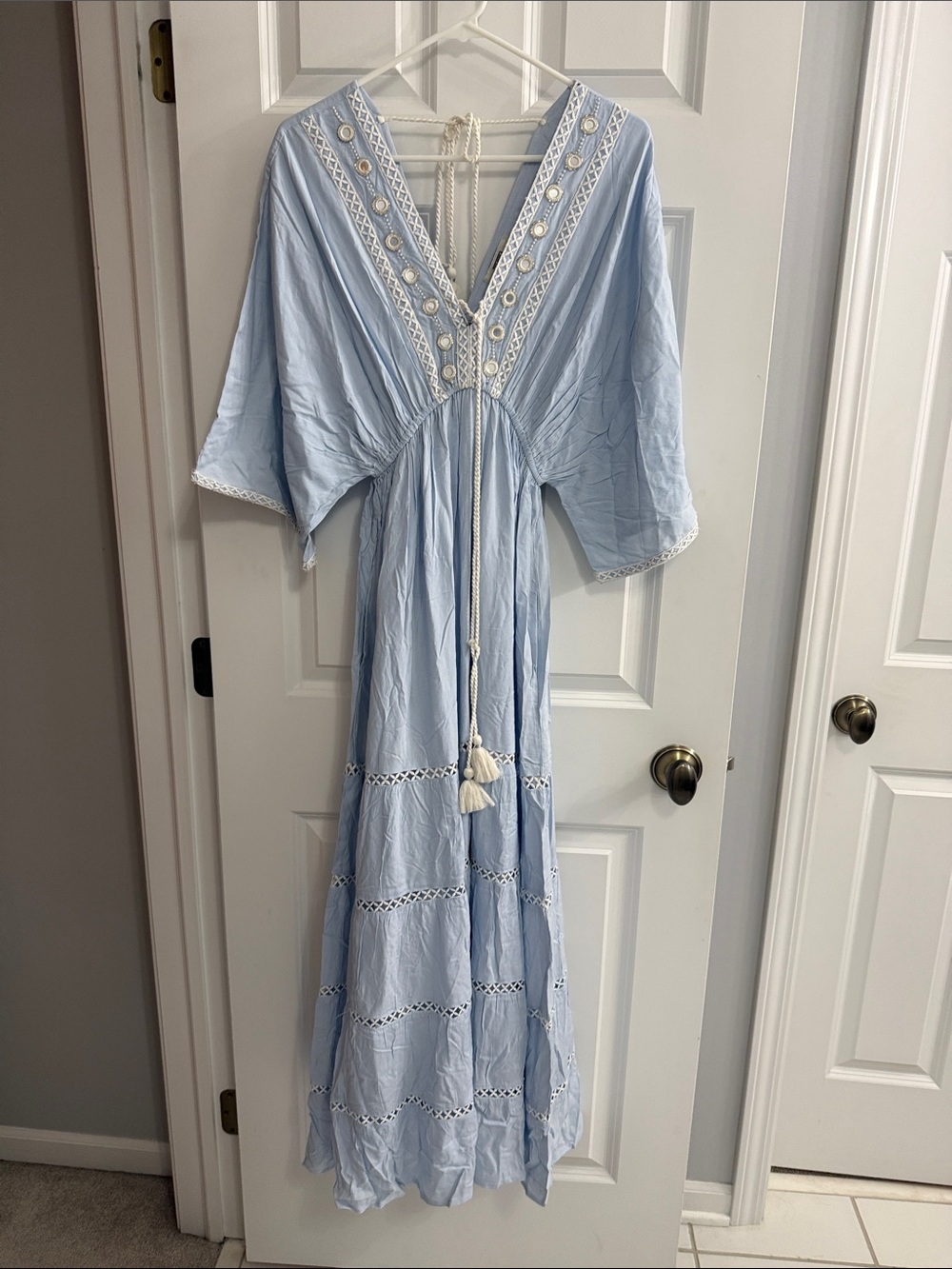Light Blue Boho V-Neck Maxi Dress with Tassel Tie by ZURY NWT